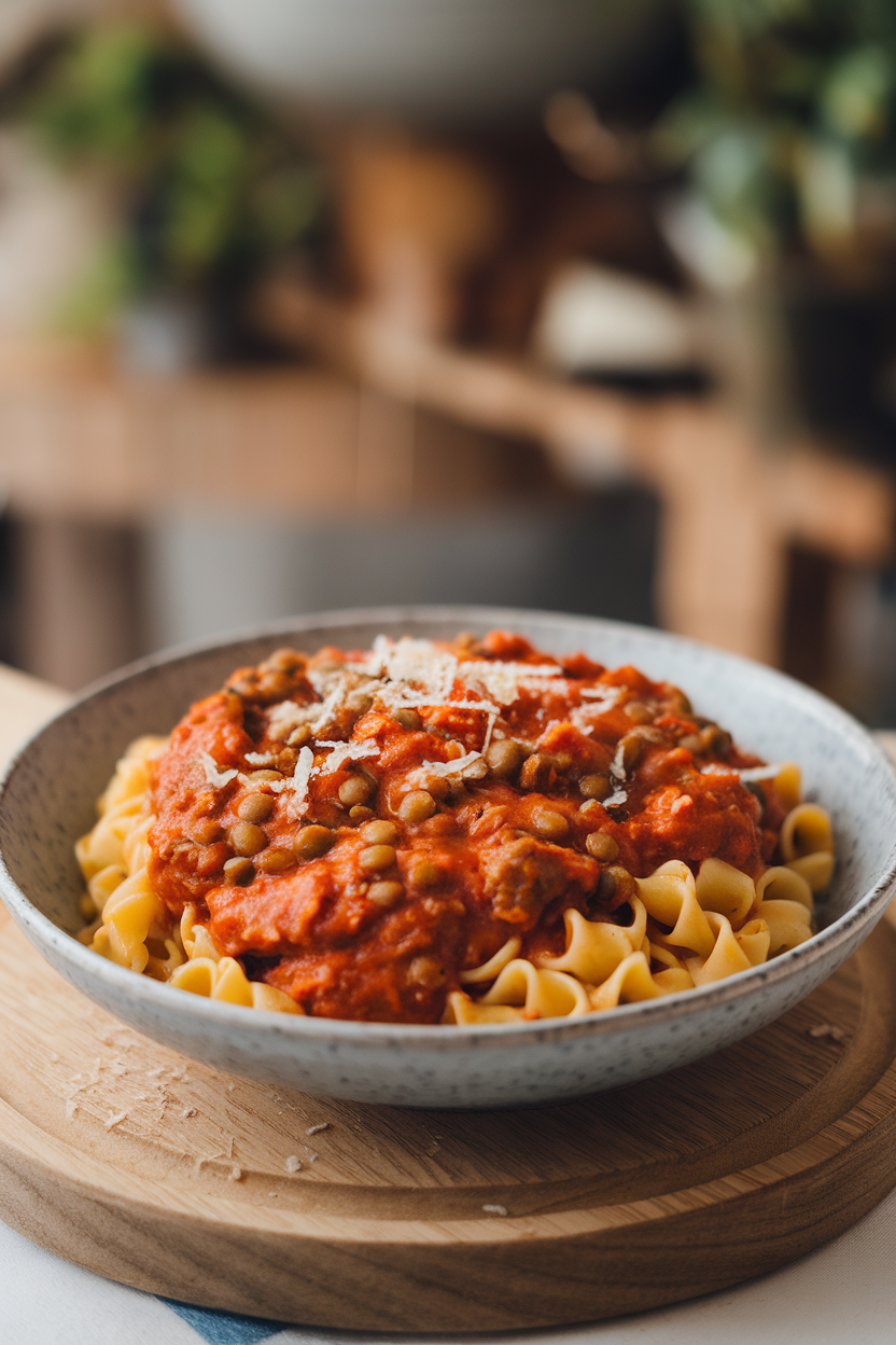 Indoor bowl of pasta topped with thick tomato sauce containing visible beef and lentils, parmesan sprinkled sparingly. No logos or text. Photo, not illustration.