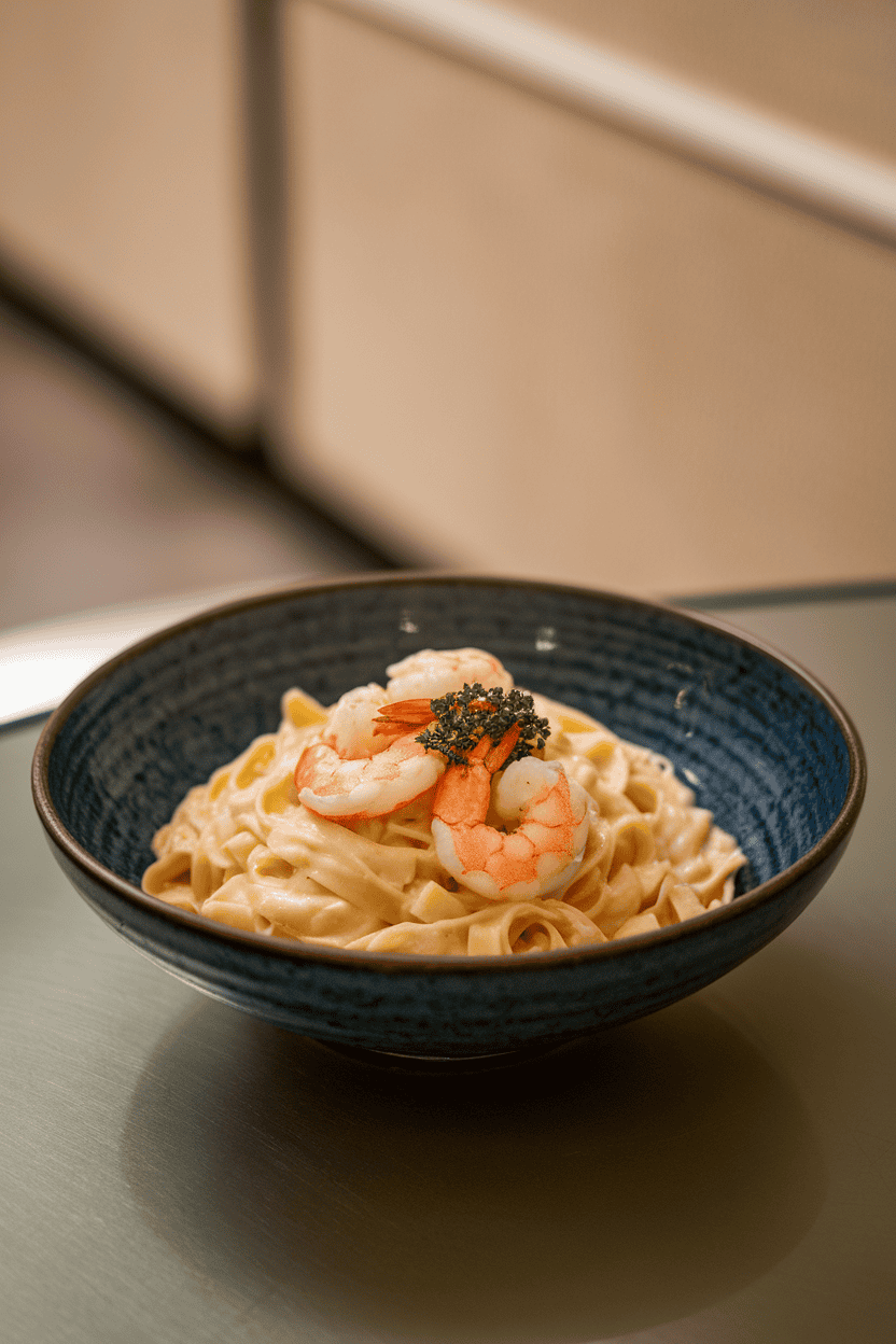 A deep bowl of fettuccine Alfredo with cooked shrimp nestled on top, placed on an indoor table with a sprinkle of parsley. No text or logos in scene.