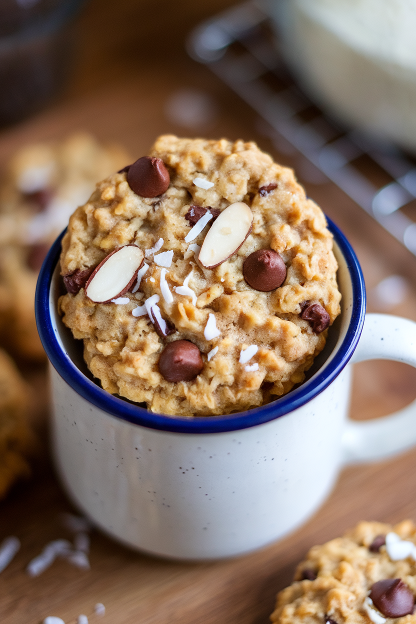 Indoor photo of a mug holding an oatmeal cookie dotted with shredded coconut, mini chocolate chips, and slivered almonds. No text or logos visible.