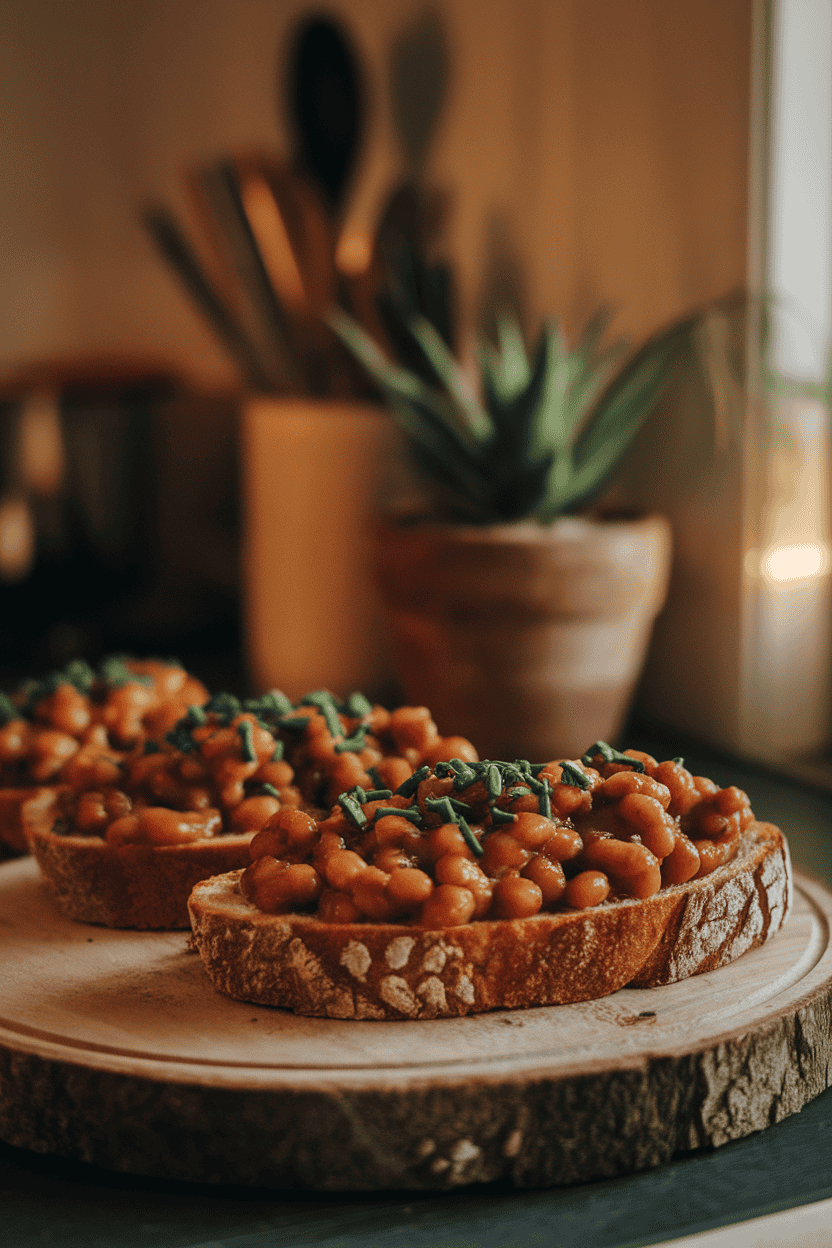 Indoor table featuring thick slices of toasted bread topped with saucy baked beans and a sprinkle of chopped chives. No text or logos, warm lighting. Photo only.