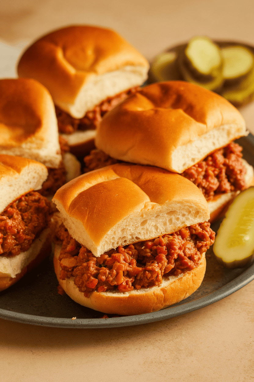 Indoor photo of a platter of sloppy joe sandwiches on soft buns, saucy meat mixture visible, with a few pickles on the side. No logos present.