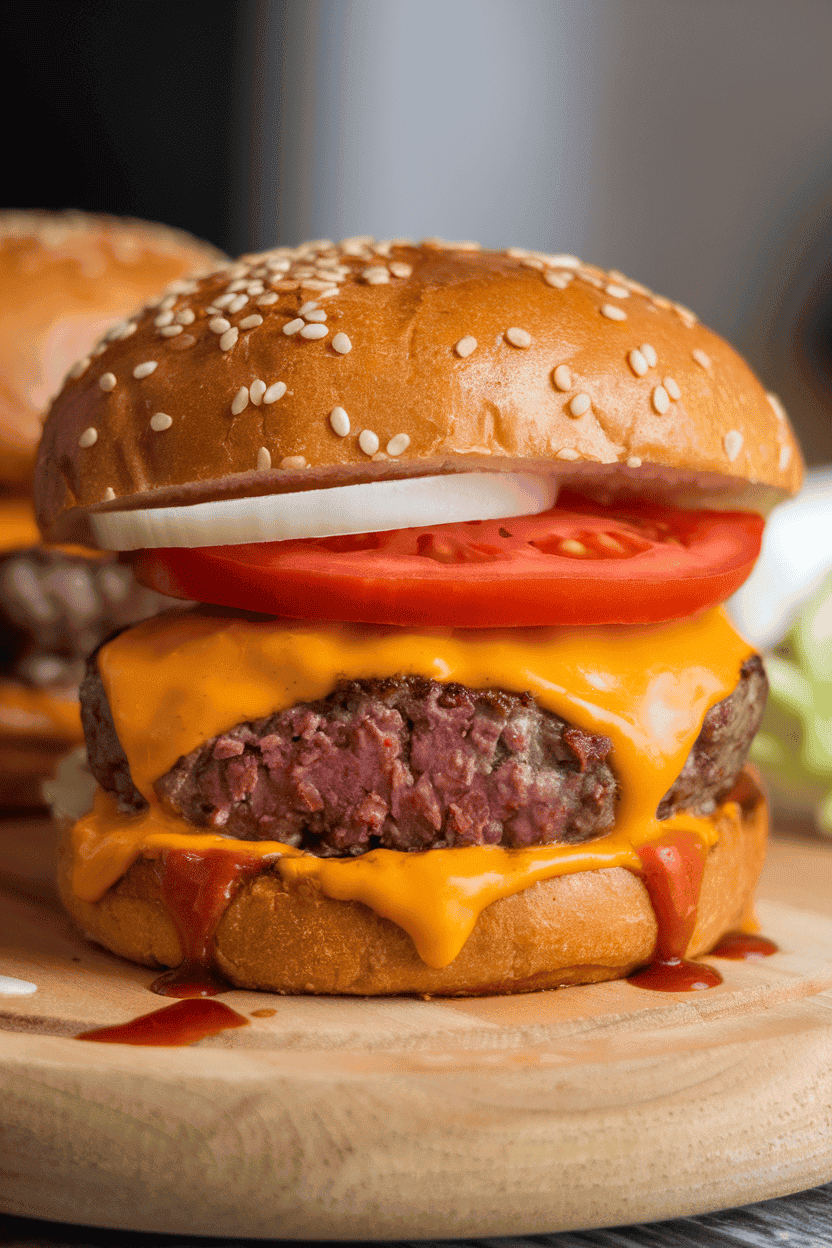 Indoor burger on a wooden board, visible Montreal seasoning crust, melted cheddar, and sliced tomato layered neatly. Photo only, no text or logos.