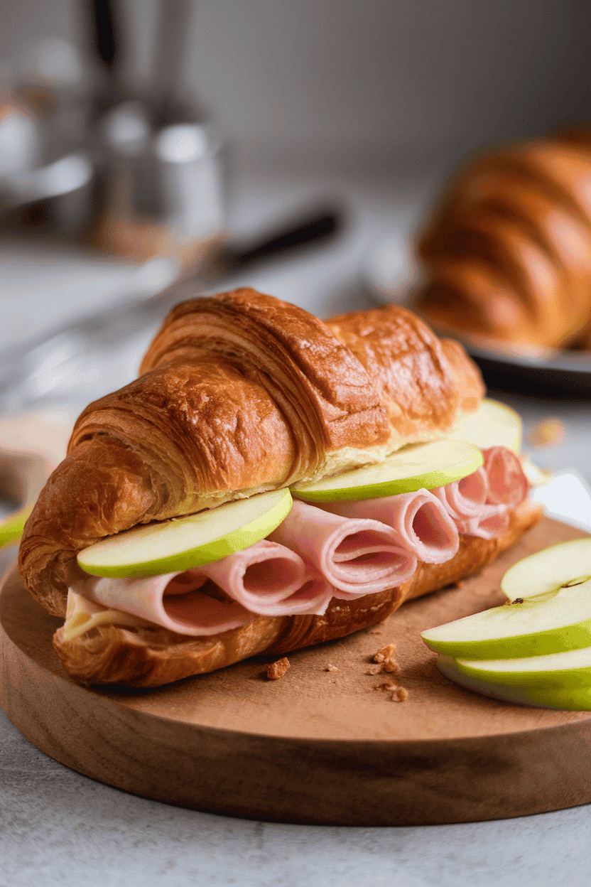 Indoor photo of a flaky croissant filled with sliced ham, brie, and thin green apple slices, no text or logos.