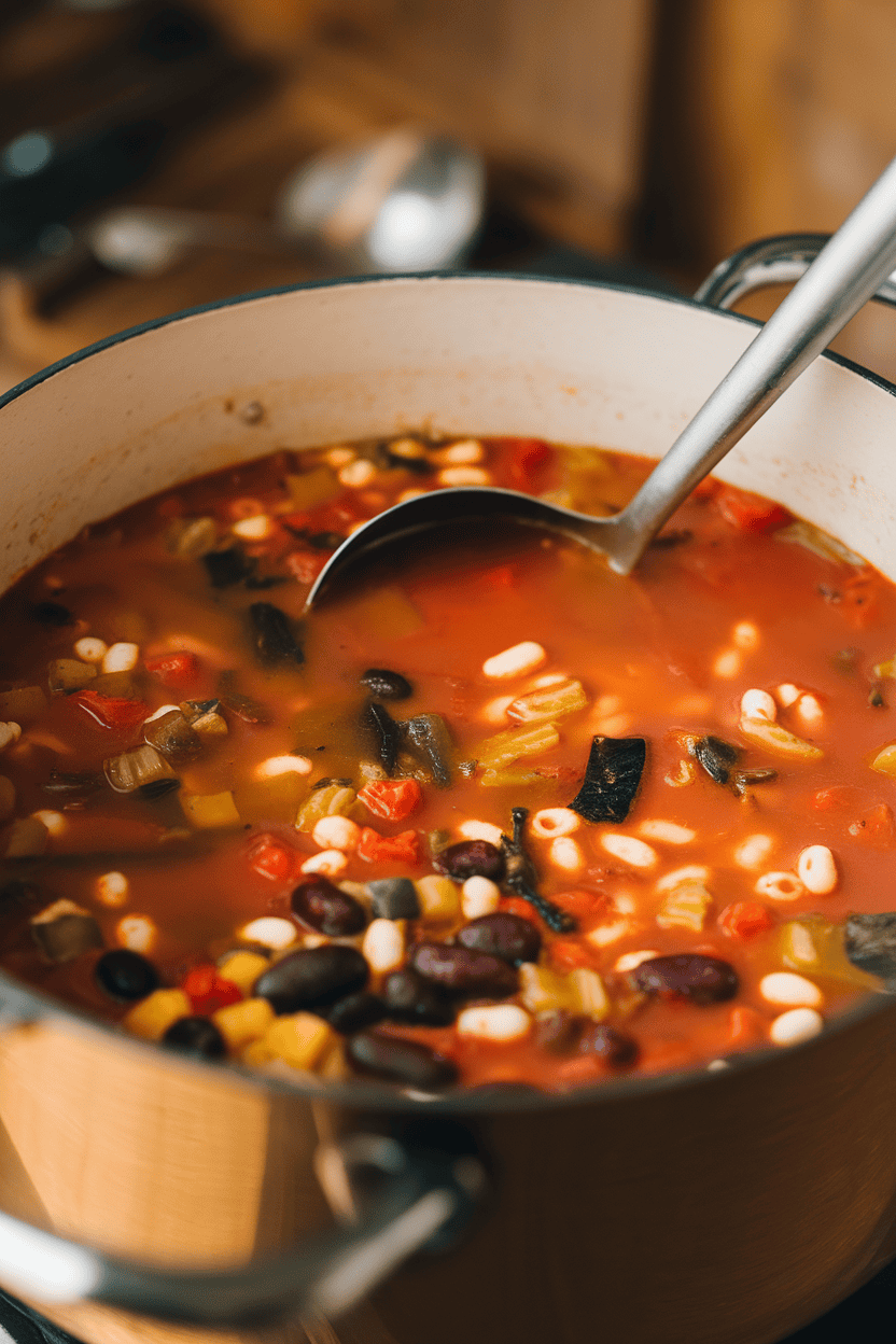 Indoor photo of a soup pot filled with colorful minestrone—diced vegetables, beans, and pasta floating in tomato broth; ladle inside; no text or logos.