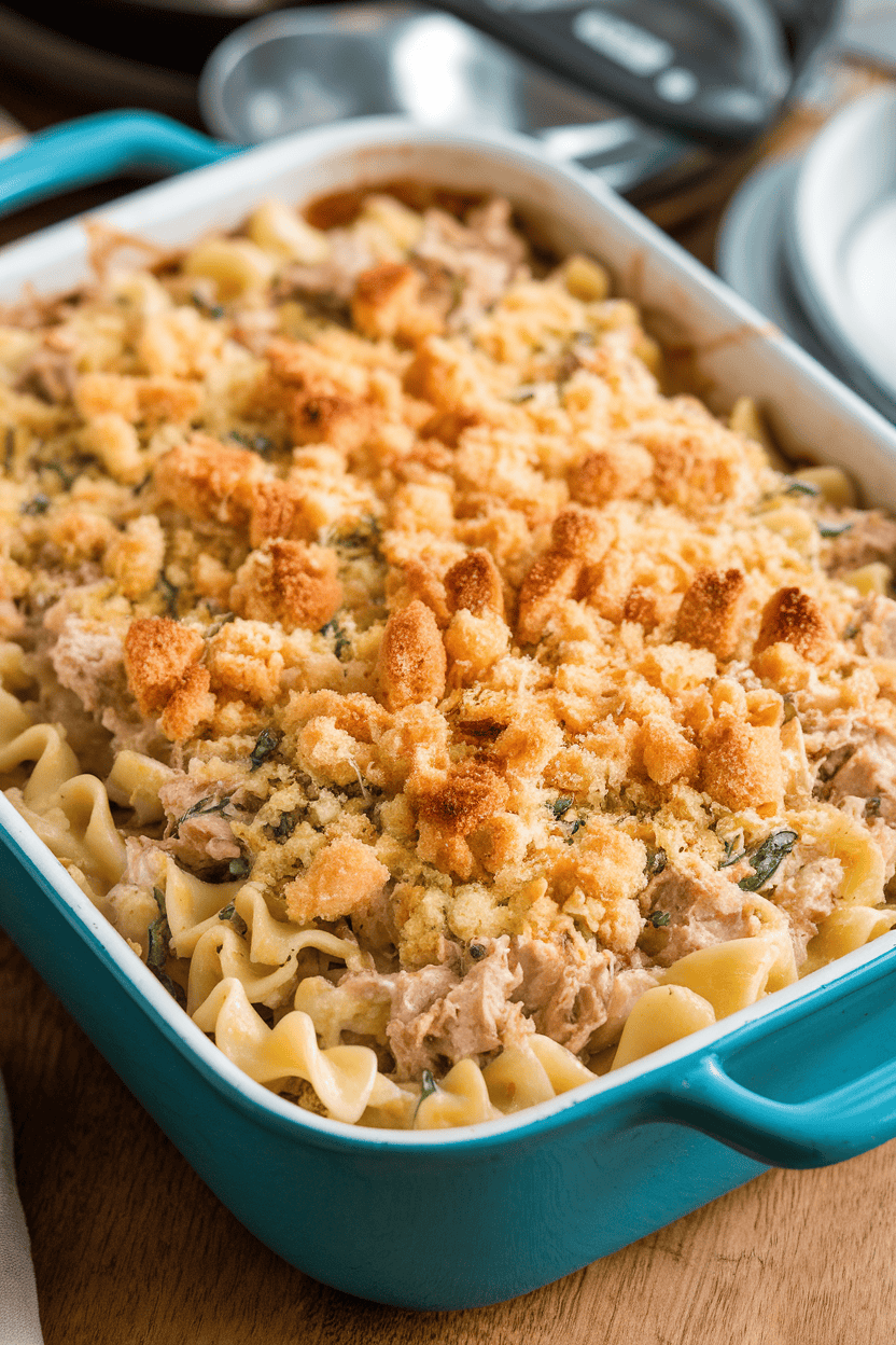 Photo of a bubbling indoor casserole dish filled with creamy tuna noodle bake topped with golden breadcrumbs, no text or logos