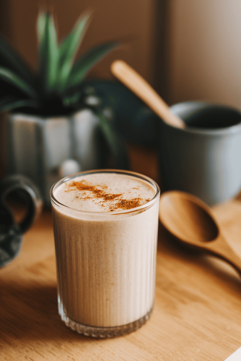 Indoor cozy nook with a light tan smoothie in a clear glass, dusting of chai spice on top; warm soft light; photograph, not illustration; no text or logos.