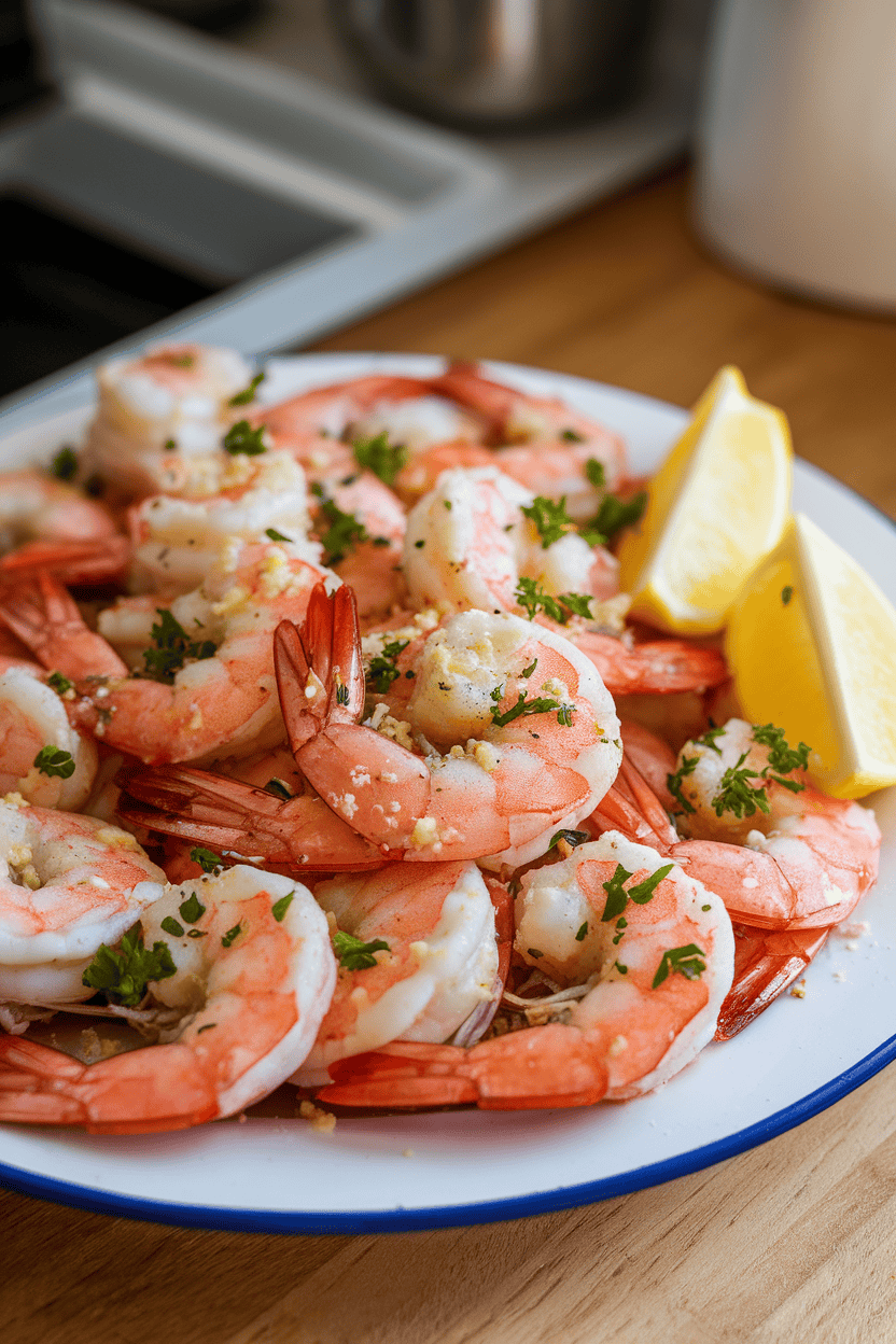 Indoor photo of cooked, pink roasted shrimp sprinkled with parmesan and parsley on a white platter, lemon wedges nearby. No text or logos.
