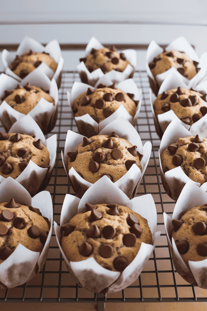An indoor bakery rack holding a dozen moist banana muffins studded with chocolate chips, cooling in plain paper liners. No text or logos anywhere. Photo, not illustration.