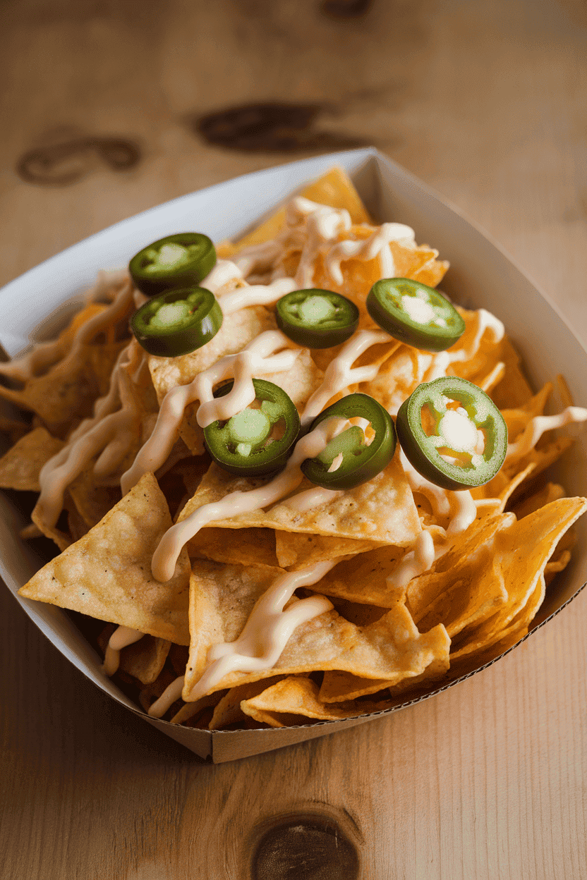A close, indoor tabletop view of a cardboard serving tray piled high with crisp tortilla chips draped in creamy cheese sauce and scattered jalapeño slices. Photo, not illustration. No text or logos.