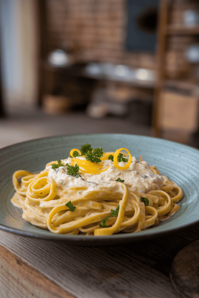 A shallow indoor plate of linguine coated in creamy ricotta sauce with visible lemon zest curls and parsley. No text or logos. Photo, not illustration.