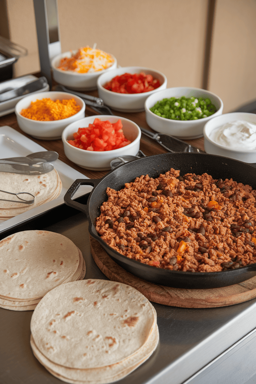 An indoor buffet setup featuring soft tortillas, a skillet of seasoned ground turkey mixed with black beans, and bowls of colorful toppings, no logos present.