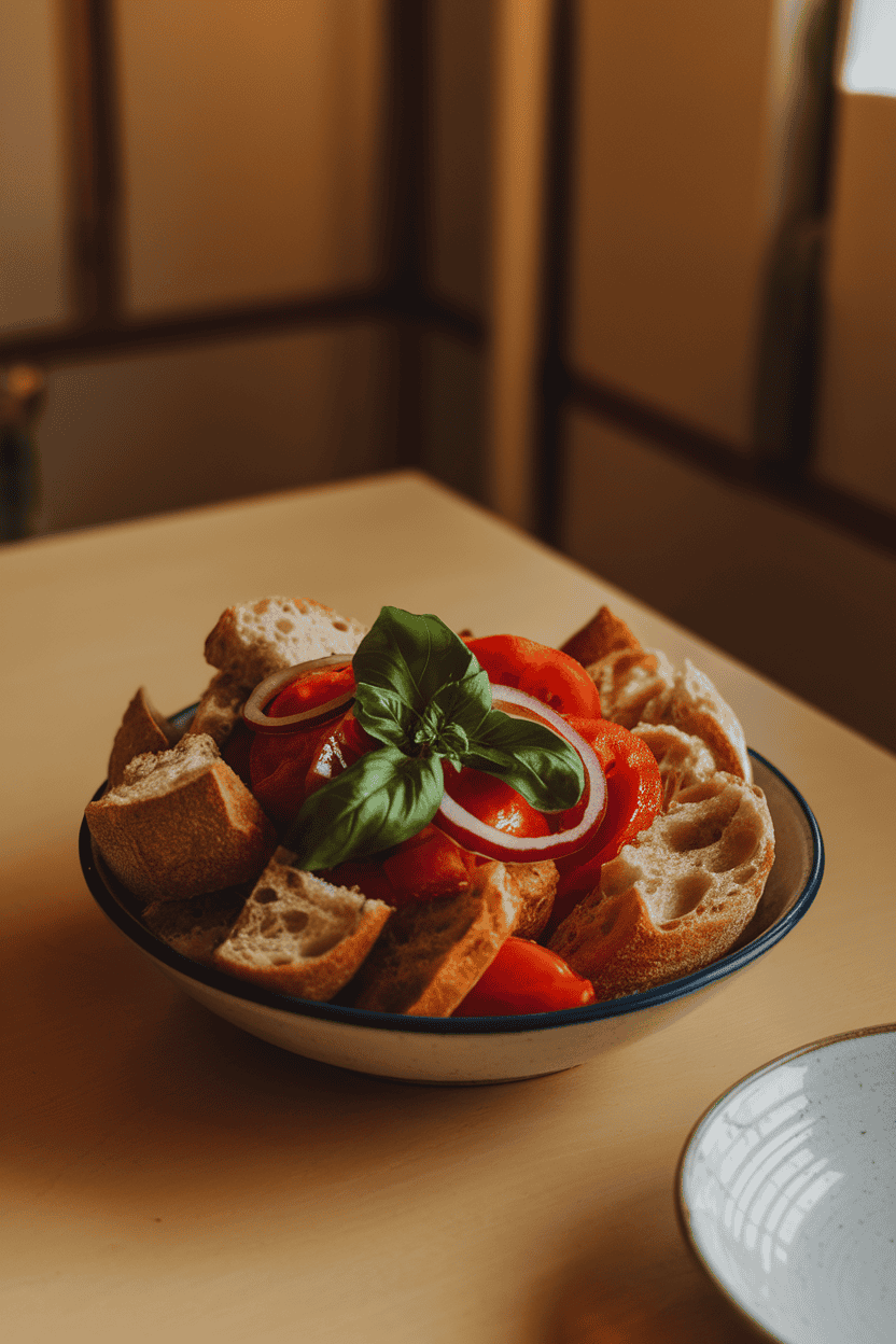 A warmly lit indoor table featuring a bowl of bread-tomato salad with basil leaves and sliced red onion, bread pieces visibly soaked but still crusty. No logos or text.