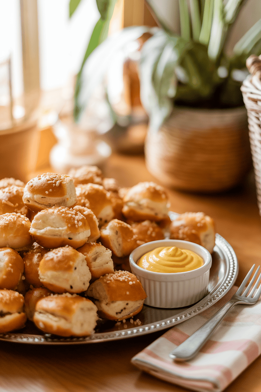 A warmly lit indoor platter piled with soft pretzel bites beside a small ramekin of yellow mustard. No text, no logos; photo only.
