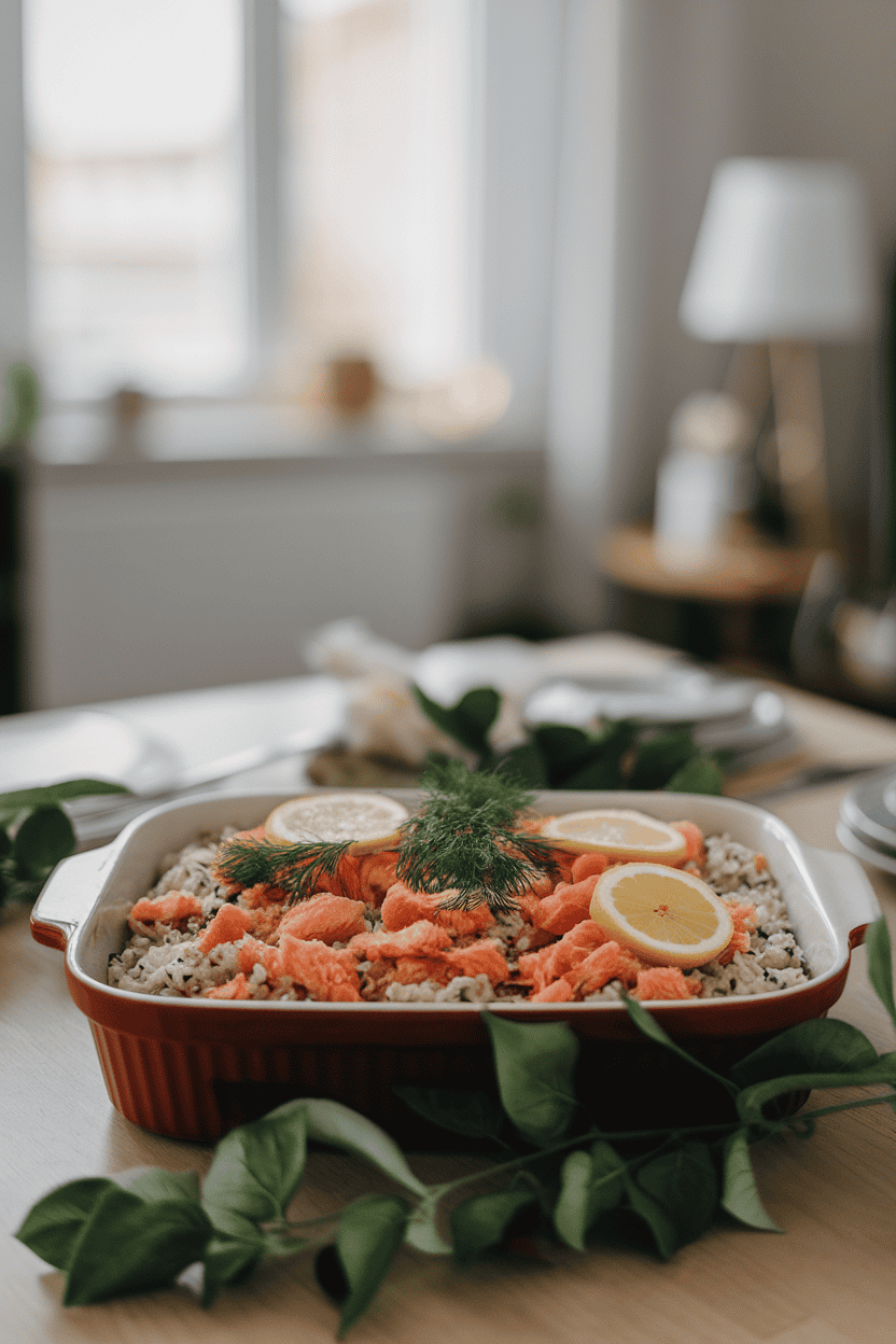 Photo of an indoor dining table featuring a casserole of cooked salmon flakes, seasoned rice, lemon slices, and dill, lightly browned on top. No text or logos present. Photo, not illustration.