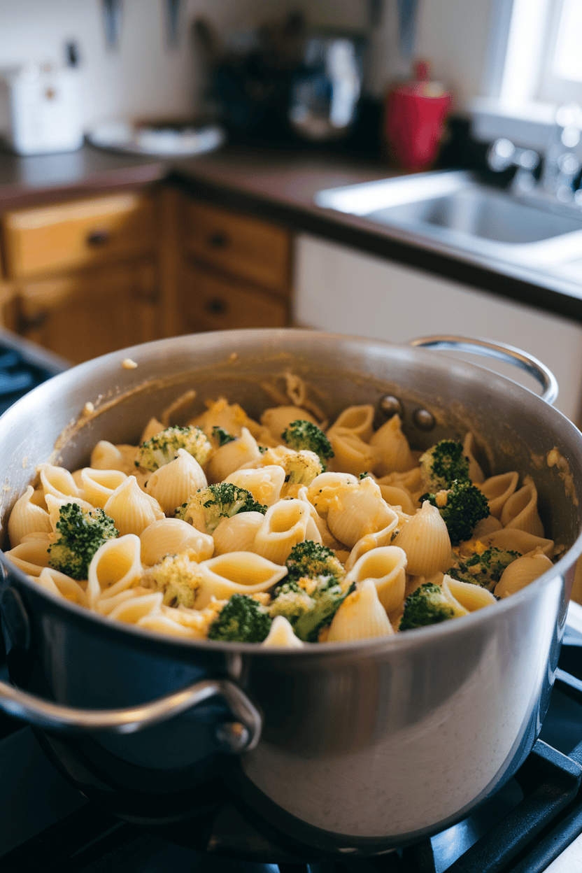 Indoor stovetop pot of medium pasta shells coated in white cheddar sauce, small broccoli florets nestled between. No logos or text.
