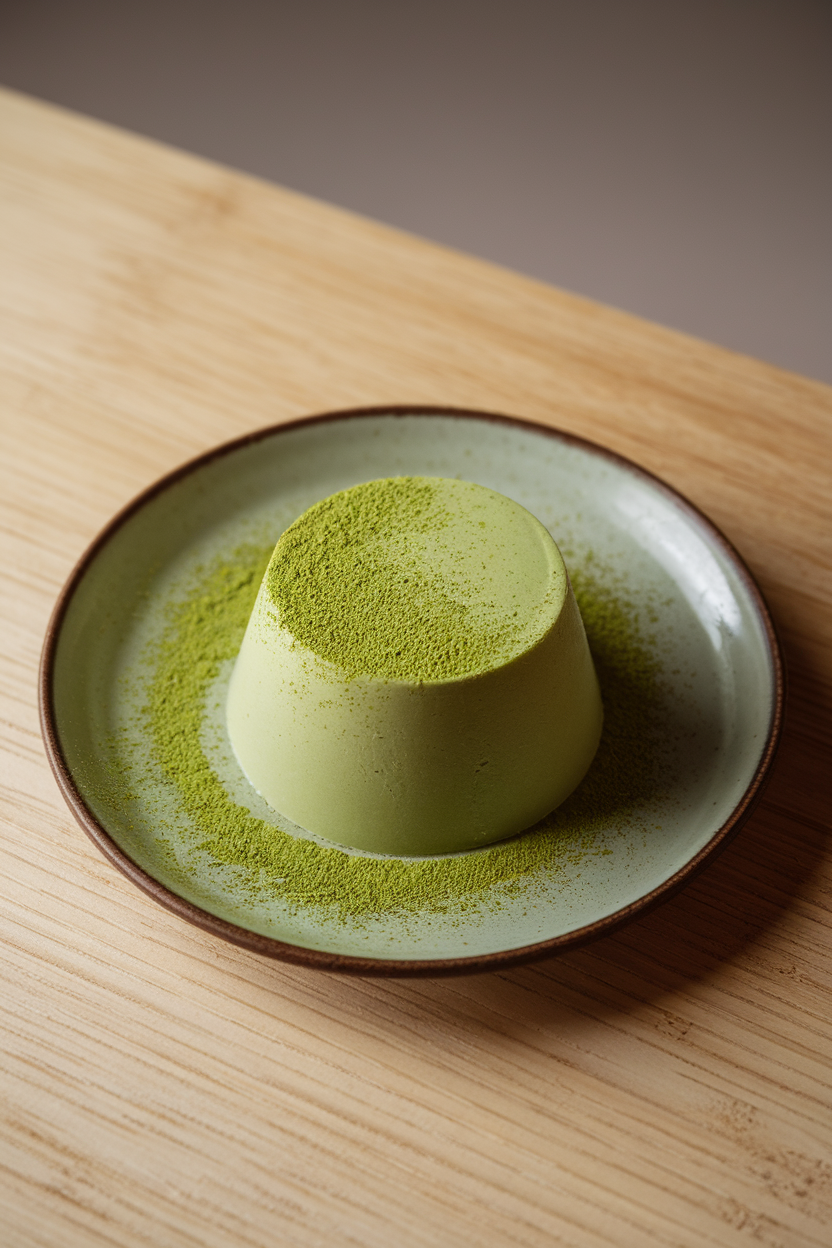 A smooth green matcha panna cotta on a small plate with a dusting of powdered matcha, indoor photo. No text or logos.