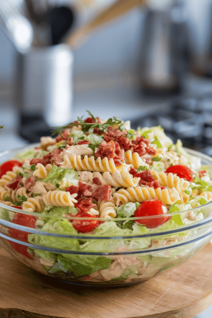 Indoor photo of pasta salad featuring rotini, cherry tomatoes, crumbled bacon, and shredded lettuce tossed in creamy dressing, served in a large bowl. No logos or text.