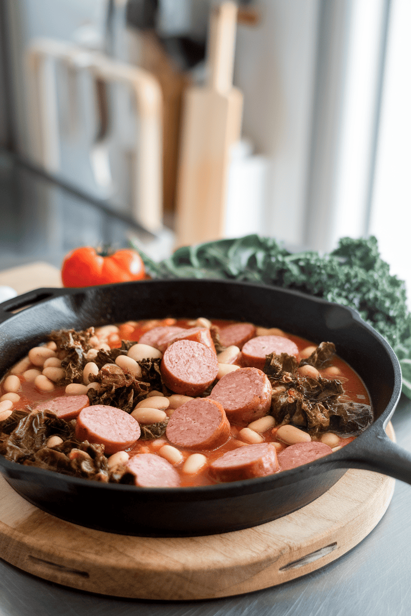 Indoor photo of a cast-iron skillet filled with sliced sausage, white beans, and wilted kale in a light tomato broth; no text or logos visible.