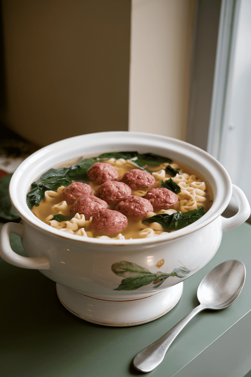 A soup tureen on an indoor table containing small beef meatballs, spinach, and tiny pasta floating in clear broth; photo, no text or logos.