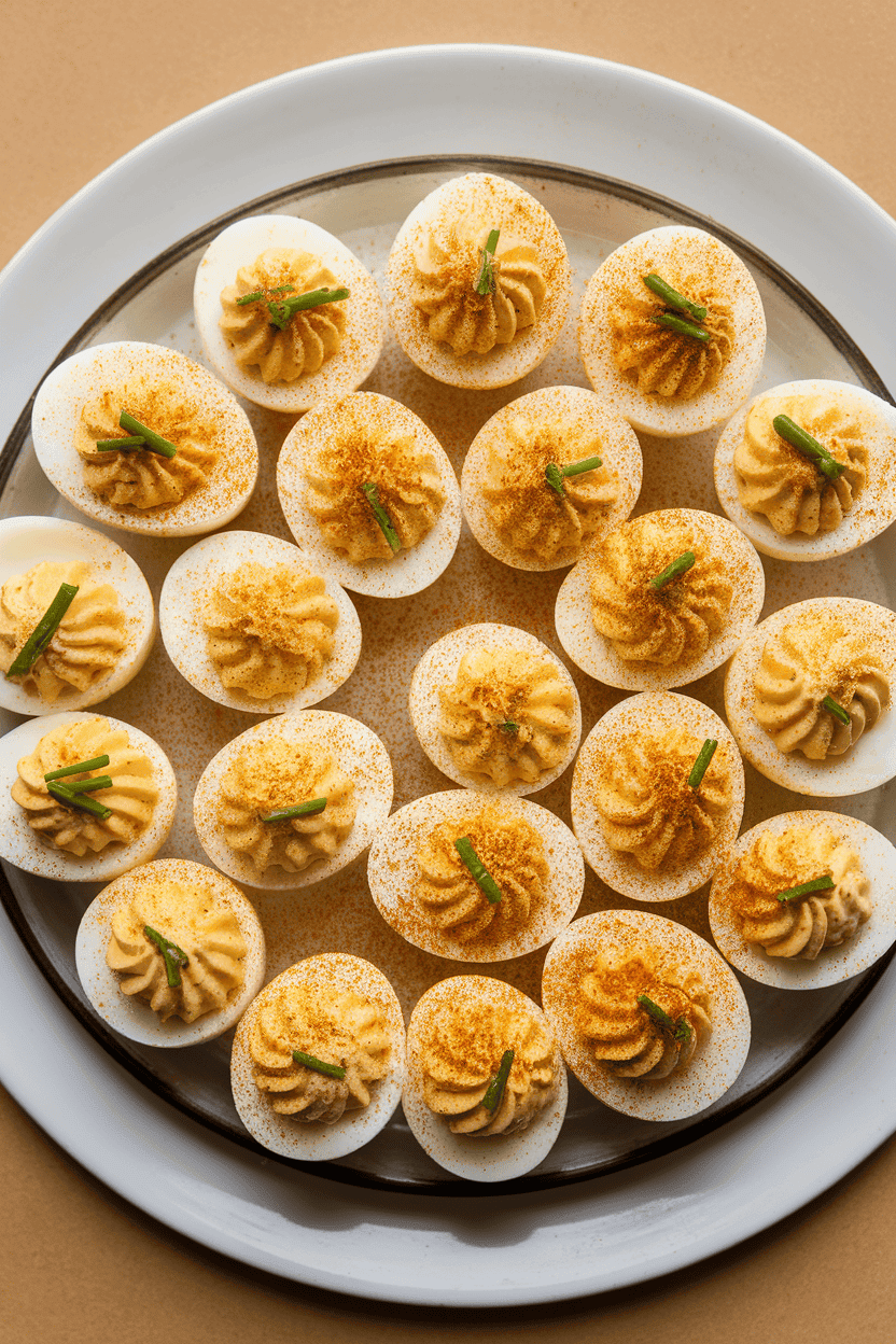 Indoor close-up photo of a deviled egg platter with paprika-dusted halves neatly arranged, garnished with chives. Overhead angle, no text or logos.