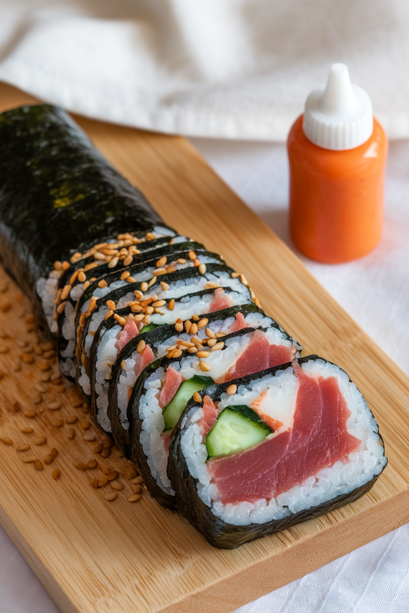 Indoor image of rectangular seaweed crisps, spicy mayo (sriracha + mayo) in a tiny squeeze bottle, flaked cooked tuna, cucumber matchsticks, and toasted sesame seeds—no logos or text.