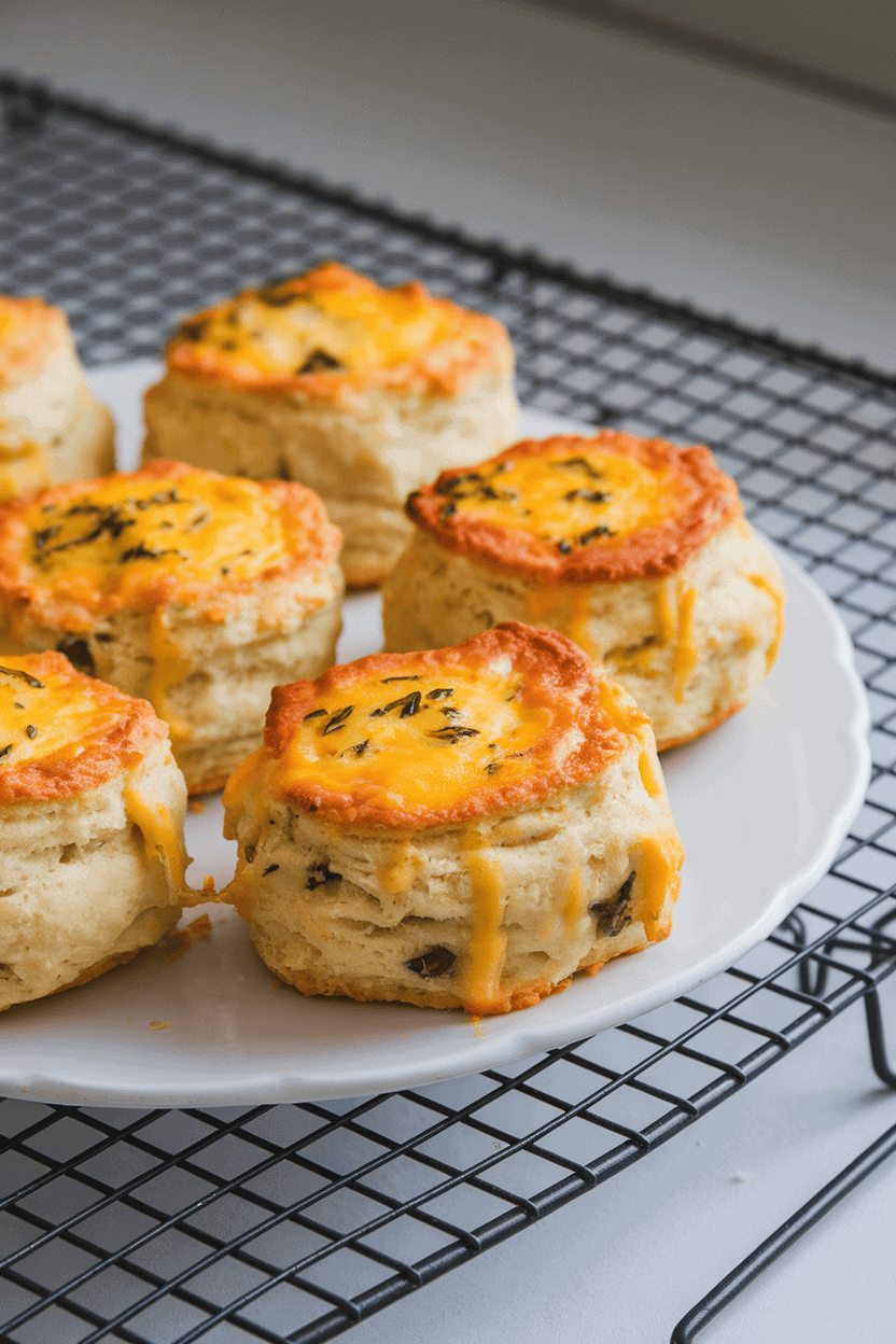 An indoor cooling rack with flaky cheese and herb biscuits, cheddar visibly melted in the layers. Soft overhead light; no text or logos; photo, not illustration.