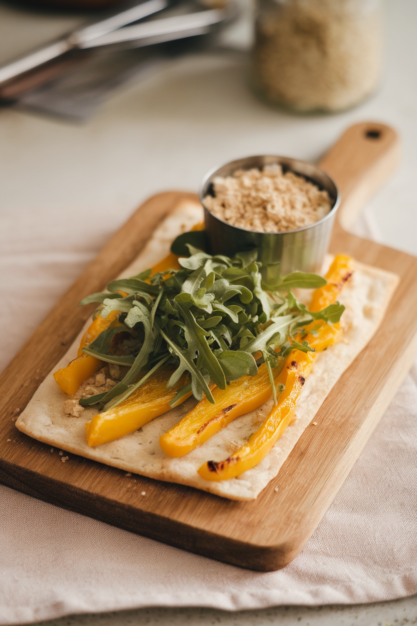 Photo indoors of rectangular flatbread, roasted yellow pepper strips, a tub of mild goat cheese crumble, and baby arugula leaves—no logos, no text.