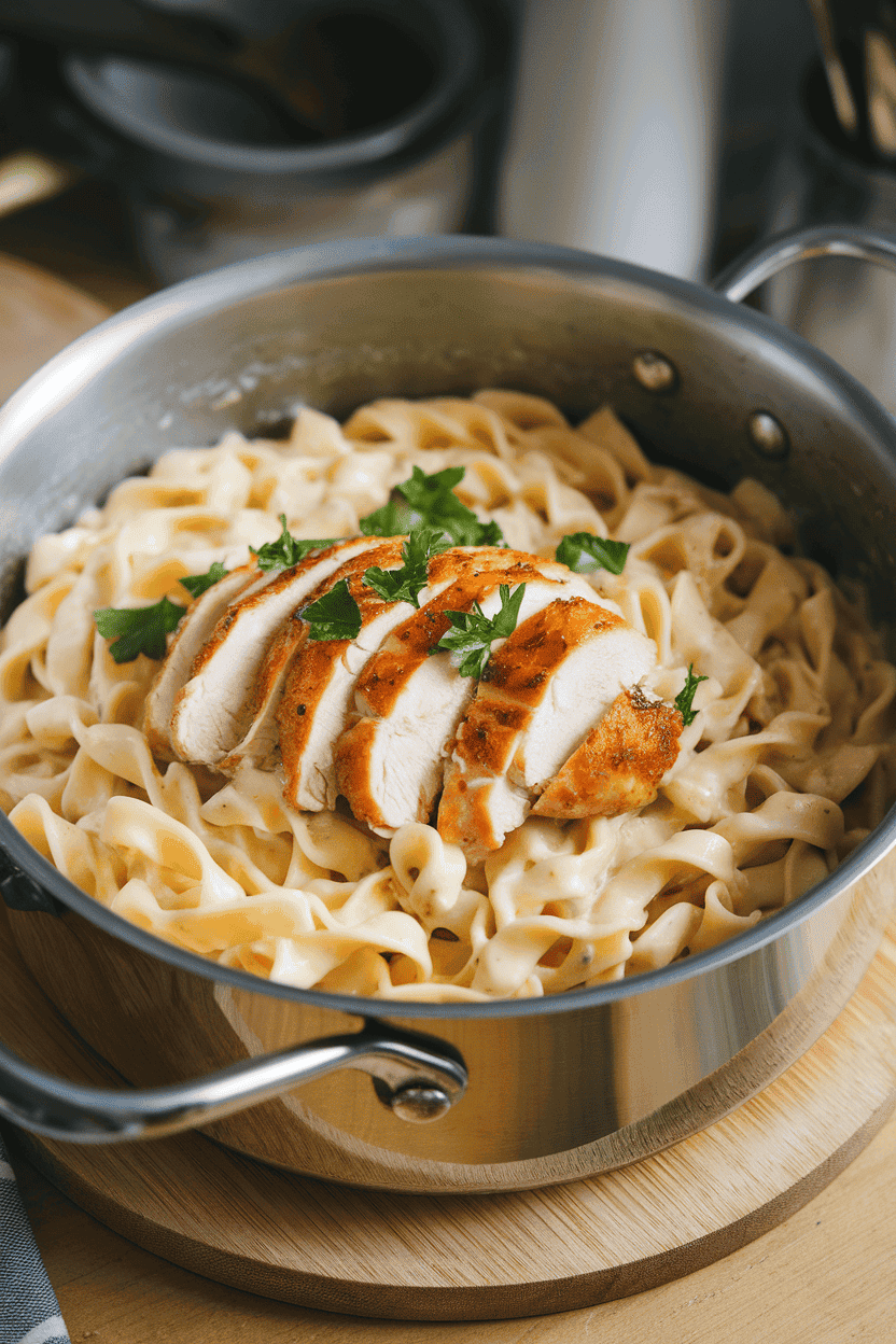 Photo of creamy Alfredo pasta with sliced cooked chicken and parsley in a metal pot on an indoor wooden surface. No logos or text present.