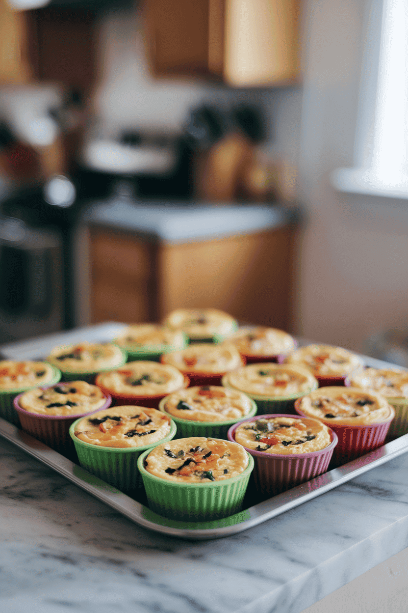 An indoor kitchen tray lined with colorful silicone cups holding small, cooked vegetable frittata bites, tops puffed and golden. Soft, even lighting; no text or logos; photo, not illustration.