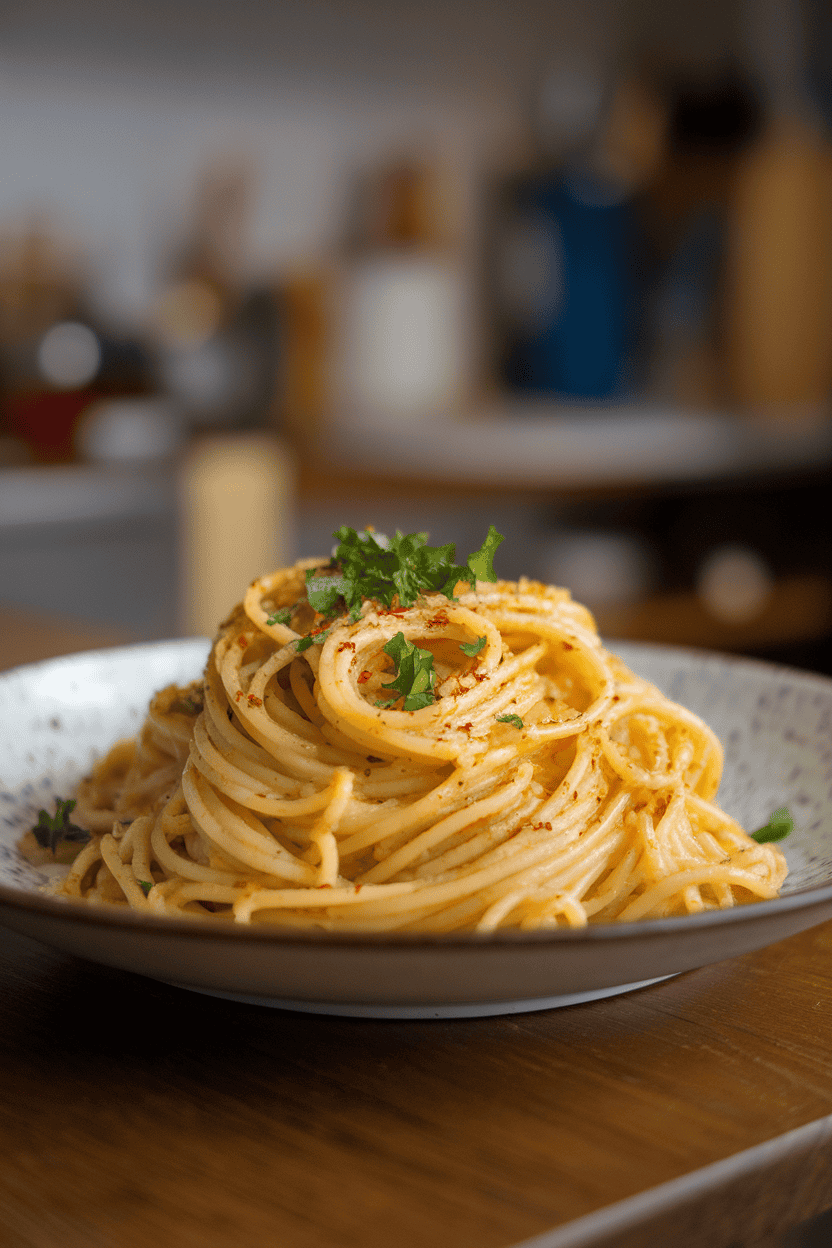 Photo, indoor kitchen table, a plate of spaghetti glistening with olive oil, flecks of garlic and red pepper flakes, topped with chopped parsley; no text or logos anywhere.