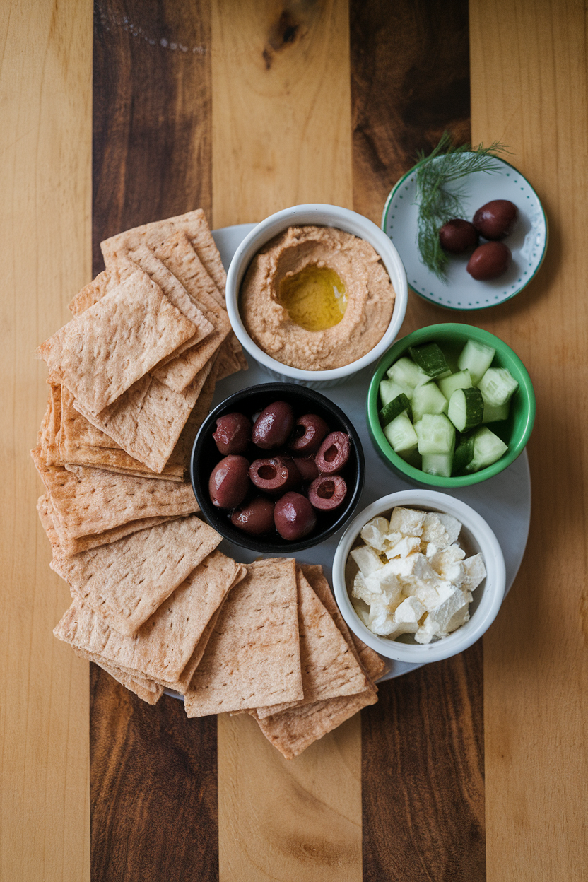 Indoor tabletop with small whole-wheat lavash squares, hummus, sliced kalamata olives, diced cucumber, and crumbled feta in ramekins—no branding or text.