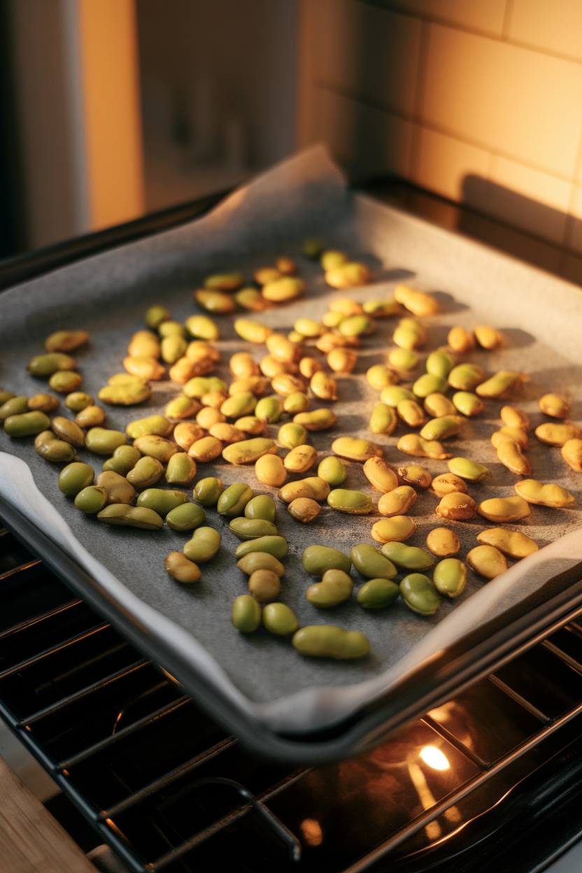 Photo — an indoor kitchen countertop featuring a baking sheet lined with parchment and scattered with golden miso-roasted edamame. Warm oven-light glow; no text or logos visible.