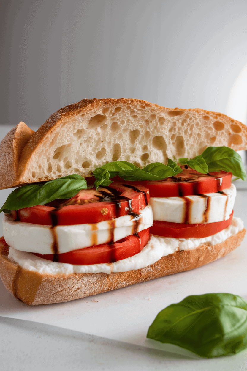 Indoor photo of a ciabatta sandwich layered with fresh mozzarella, tomato slices, and basil leaves, drizzled lightly with balsamic, no text or logos.