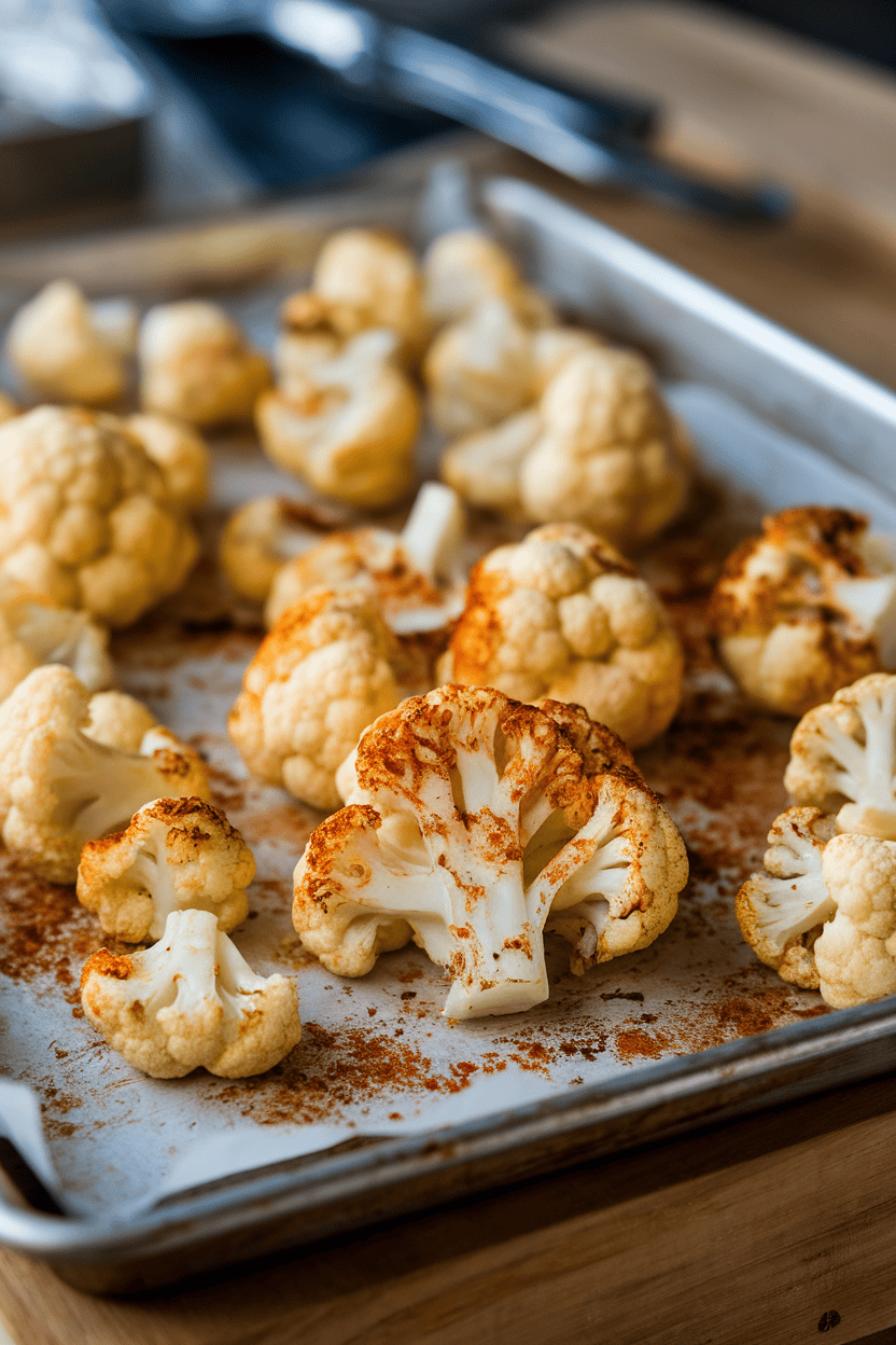 An indoor baking sheet with roasted cauliflower florets coated in a visible red spice blend, edges slightly charred. No text or logos. Photo only.