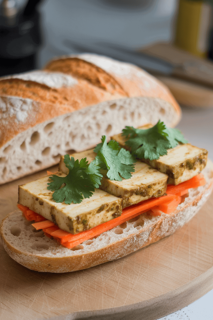 Indoor photo of a baguette showcasing marinated tofu slices, pickled carrots, and cilantro, no text or logos.