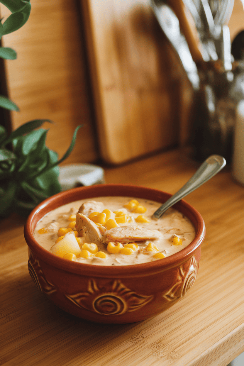 A warm indoor kitchen counter with a ceramic bowl of creamy chowder featuring chicken pieces, sweet corn kernels, and diced potatoes, spoon resting inside. No text or logos.