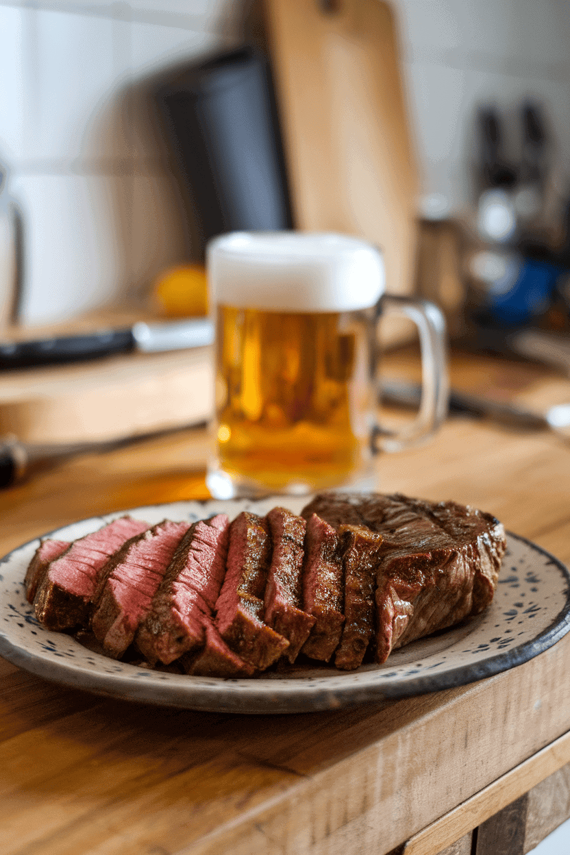 Indoor kitchen counter featuring a rustic plate with sliced beer-marinated chuck steak, frothy mug in background blurred out. Photo only, no text or logos.