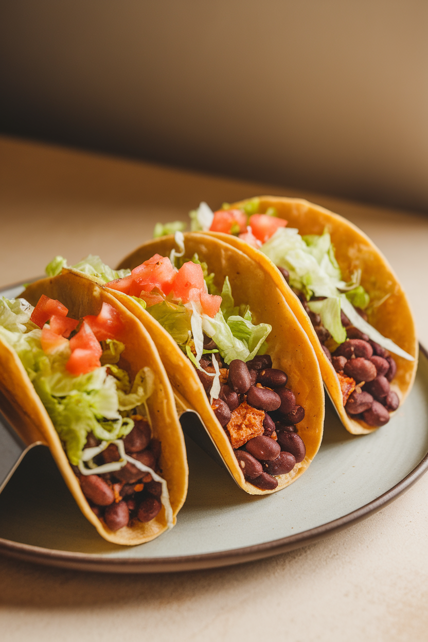 Indoor photo of three soft corn tacos filled with seasoned black beans, shredded lettuce, and diced tomato, arranged on a neutral plate. Soft kitchen lighting, no text or logos anywhere.