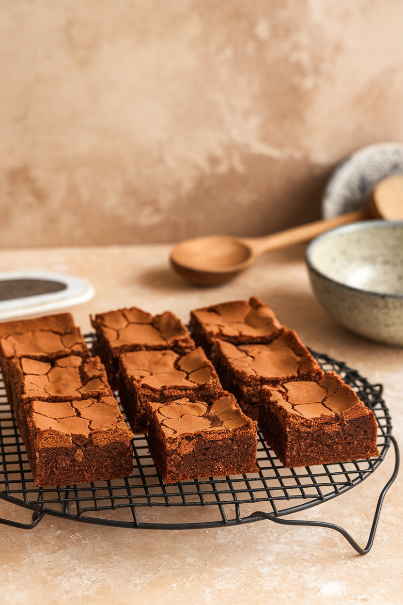 Bite-size brownie squares on a cooling rack, tops crackly and shiny, indoor shot. Photo, no text or logos.