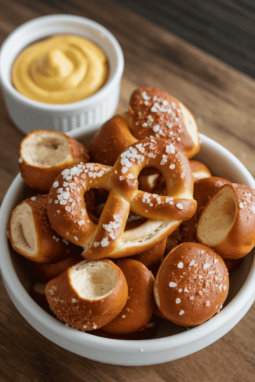 An indoor bowl of soft pretzel nuggets sprinkled with coarse salt, a small ramekin of yellow mustard beside it; no text or logos. Photo, not illustration.