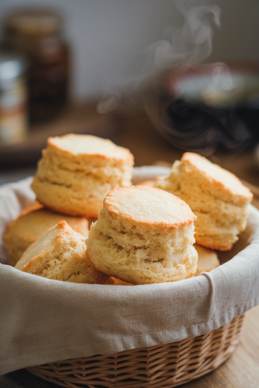 Indoor photo of a basket lined with cloth holding fluffy drop biscuits with golden tops, steam faintly visible. No text or logos.