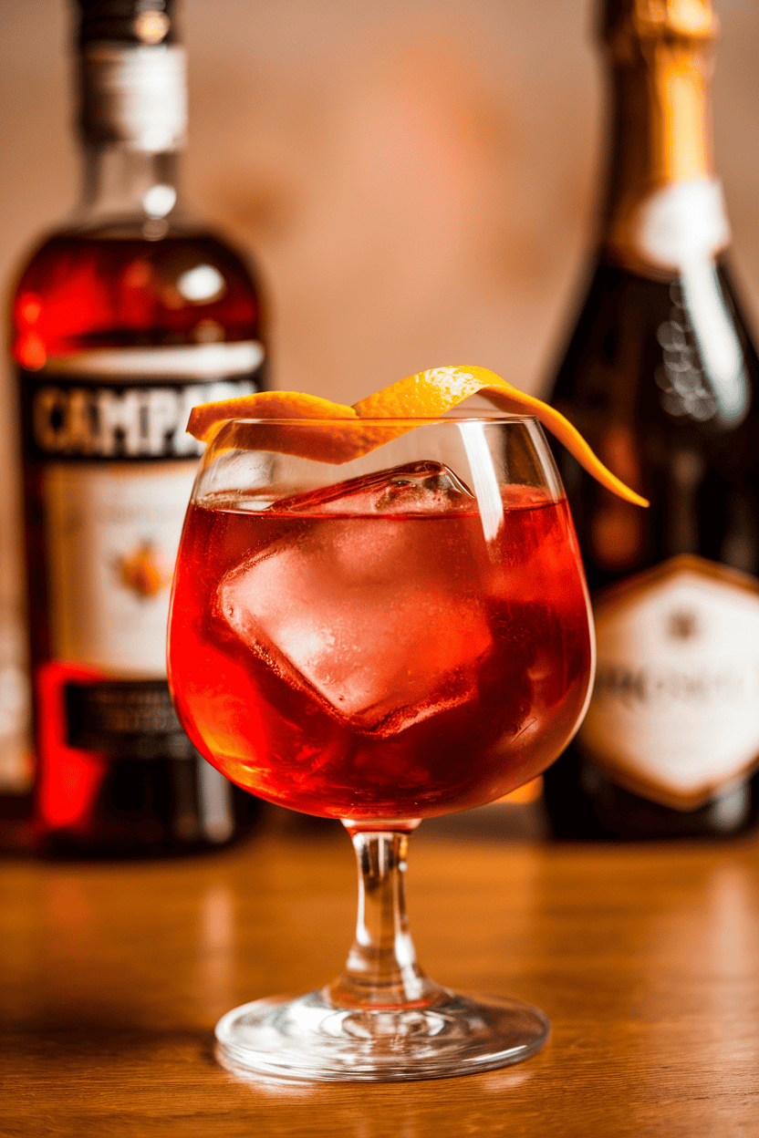 Photo, indoors, a stemmed rocks glass of deep orange-red negroni sbagliato, large clear ice cube, orange peel resting on top. No text or logos.