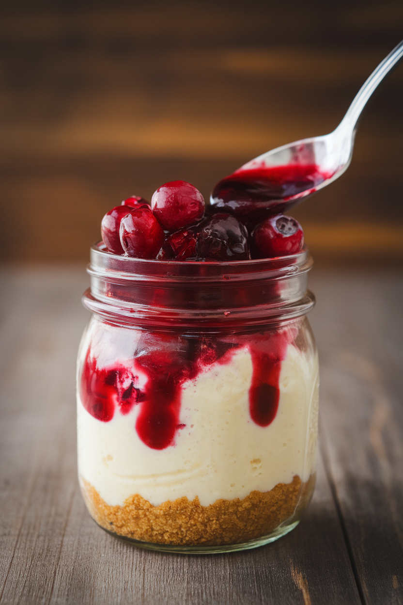 Indoor photo of a small mason jar layered with a graham cracker crumb base and creamy cheesecake filling, topped with a spoonful of berry sauce. No text or logos.