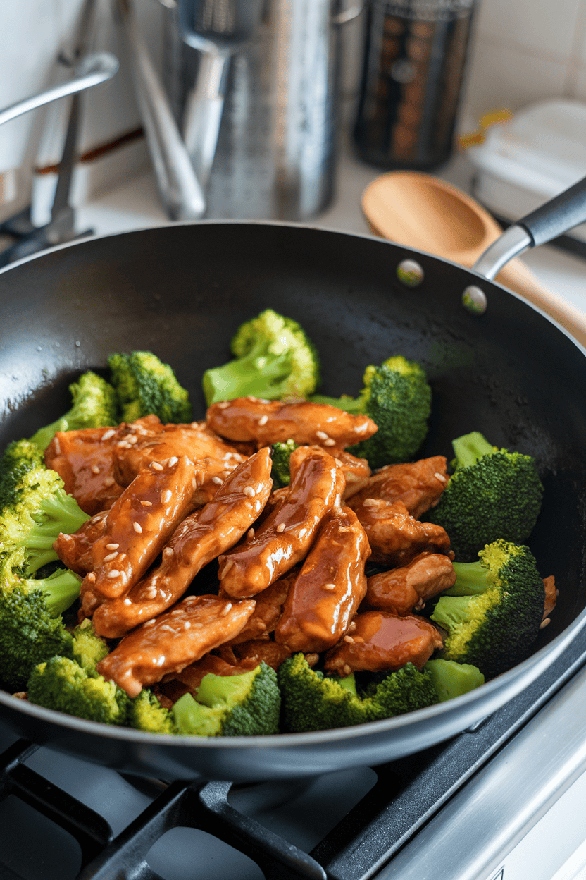 Photo of a wok filled with glazed teriyaki chicken strips and bright green broccoli florets; indoor stovetop lighting; no logos or text.