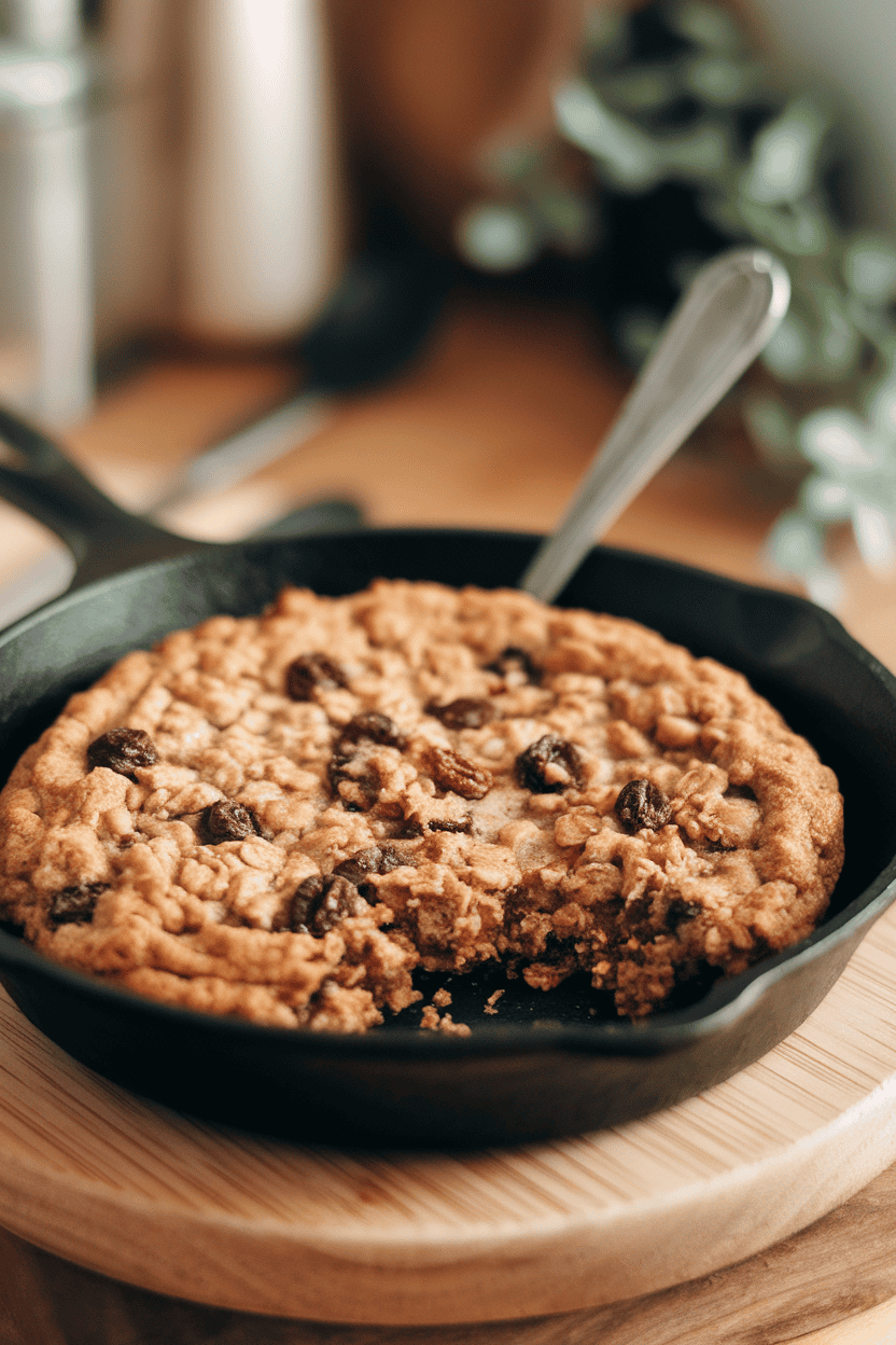 Indoor photo of an oatmeal raisin cookie baked in a skillet, edges browned, center gooey; spoon tucked inside; warm light; no text or logos