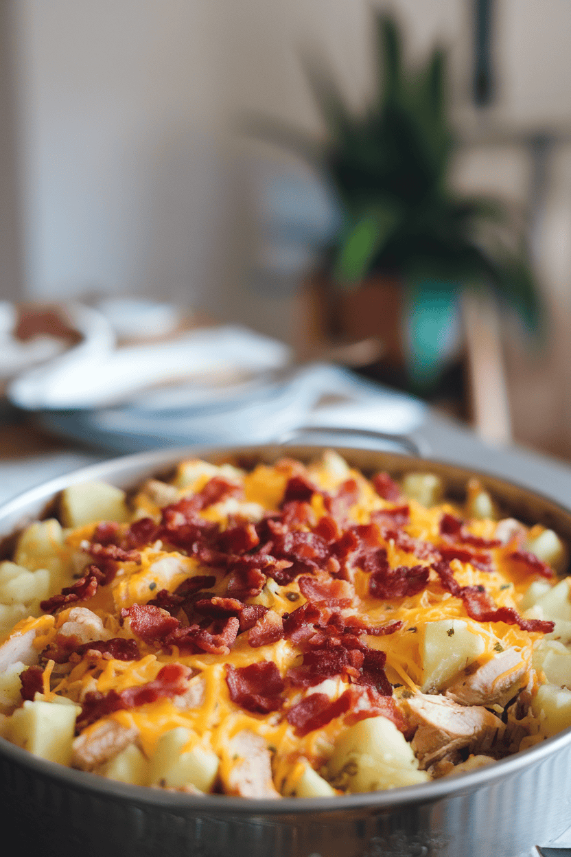 Photo of a casserole dish filled with diced potatoes, chicken pieces, melted cheese, and crisp bacon bits sprinkled on top; indoor table; no text or logos.