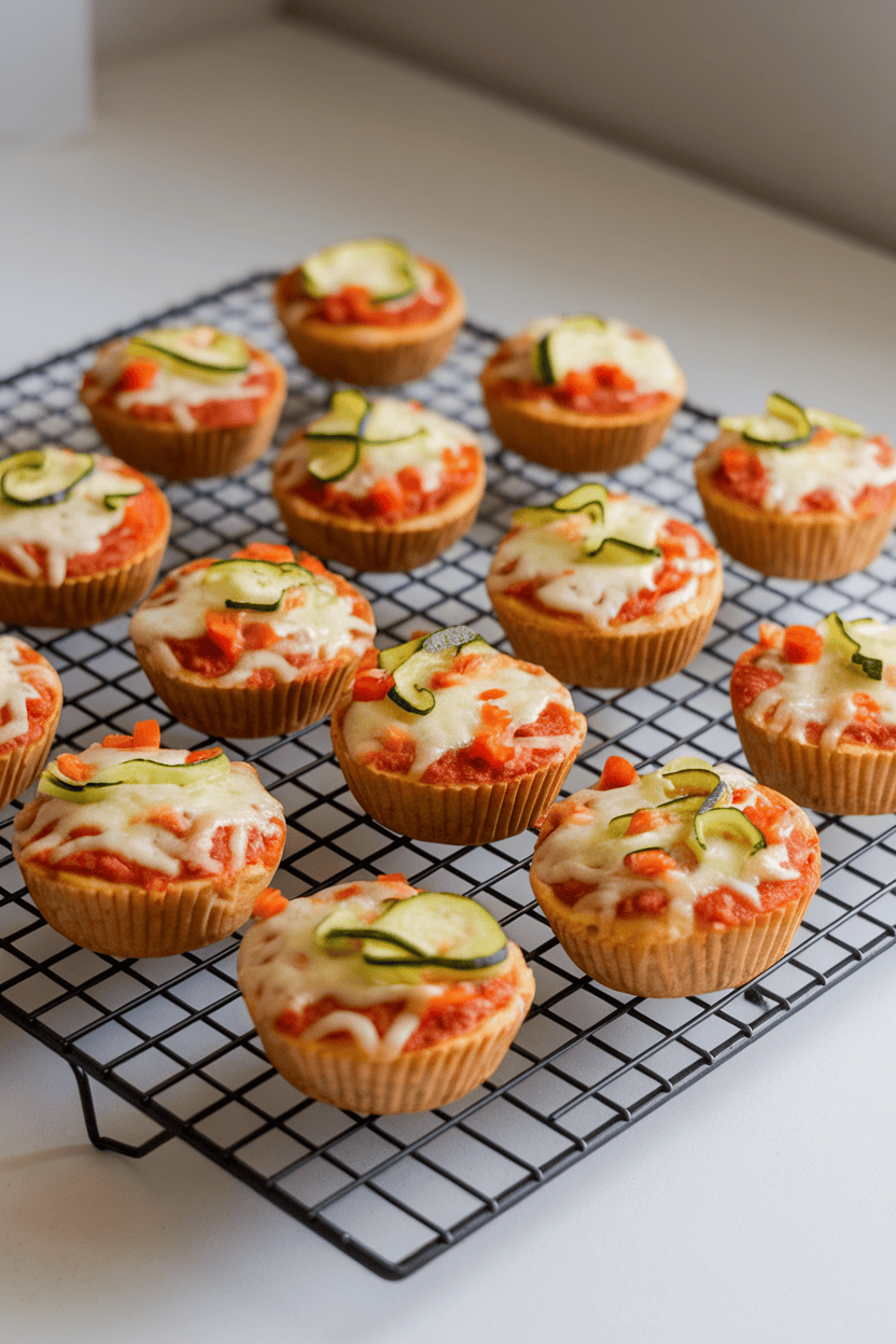 An indoor cooling rack holding muffin-shaped mini pizzas with visible melted cheese, diced peppers, and zucchini ribbons peeking out. No text or branding.
