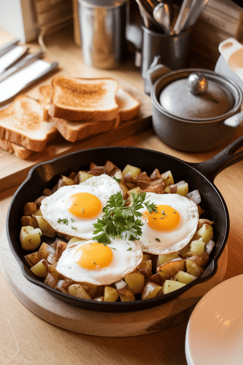 An indoor brunch table featuring a skillet of diced potatoes and onions topped with sunny-side-up eggs, garnished with parsley. Photo only; no text or logos present.