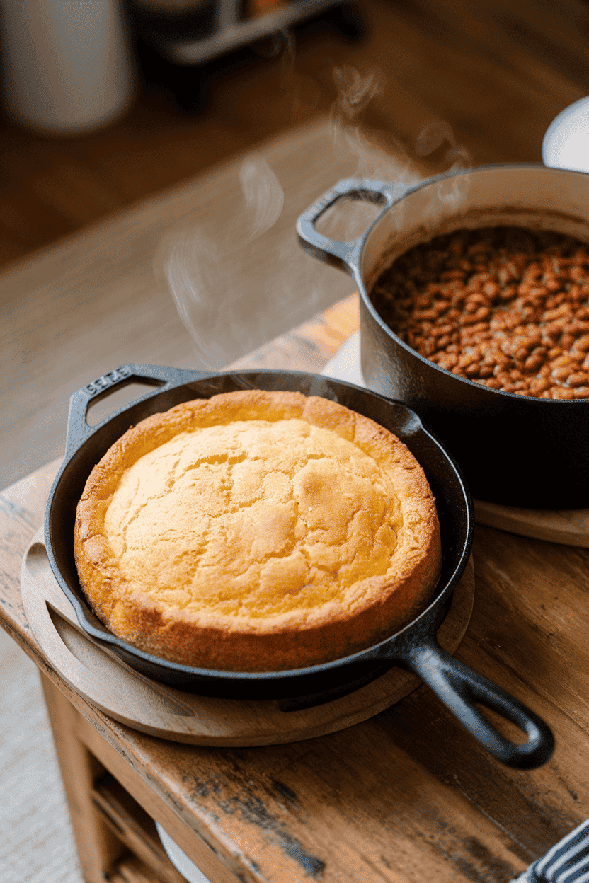 A cast-iron skillet of golden cornbread beside a pot of smoky baked beans on an indoor wooden table, both steaming gently—photo, no text or logos.