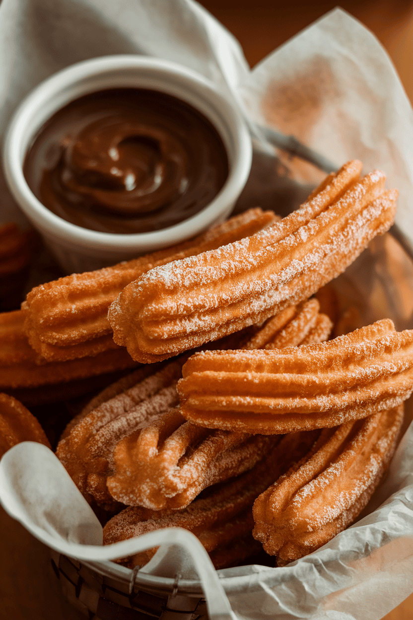 Indoor photo of a paper-lined basket filled with freshly fried churros dusted in cinnamon sugar, a small bowl of chocolate dipping sauce nearby; warm lighting; no text or logos